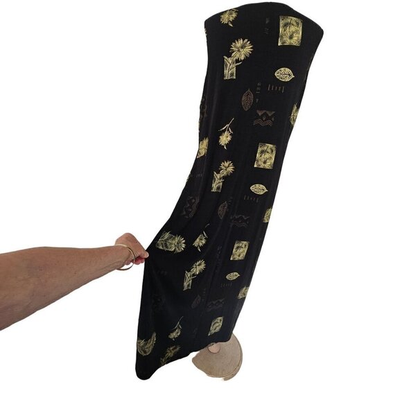 Es Se Stretch Nylon Knit Black Maxi Dress Plus 1XL Gold Foral Print Slveless 90s - Picture 9 of 11